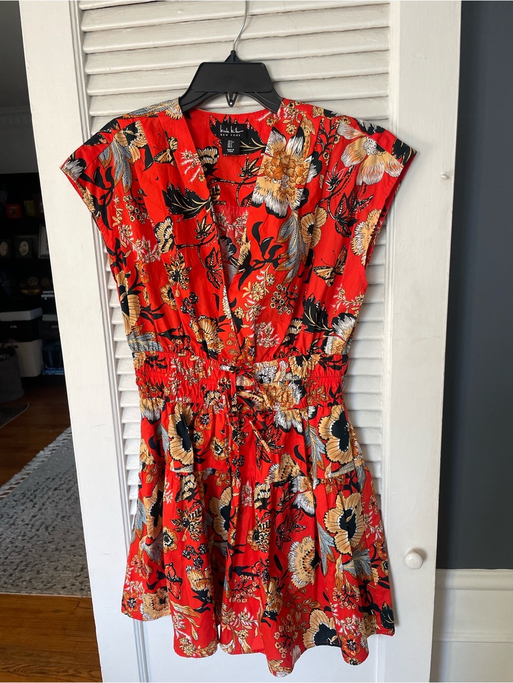 Nicole Miller Red Floral V-Neck Tie-Waist Maxi Dress